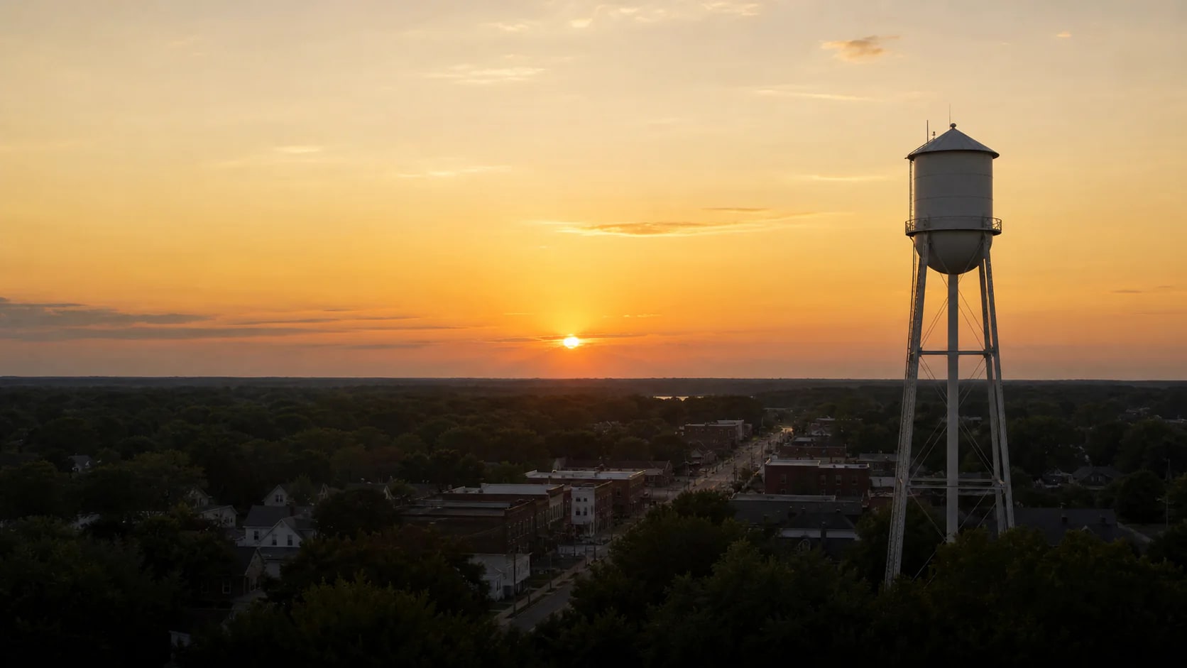 Illustrative view of a small community and municipal water tower at sunset